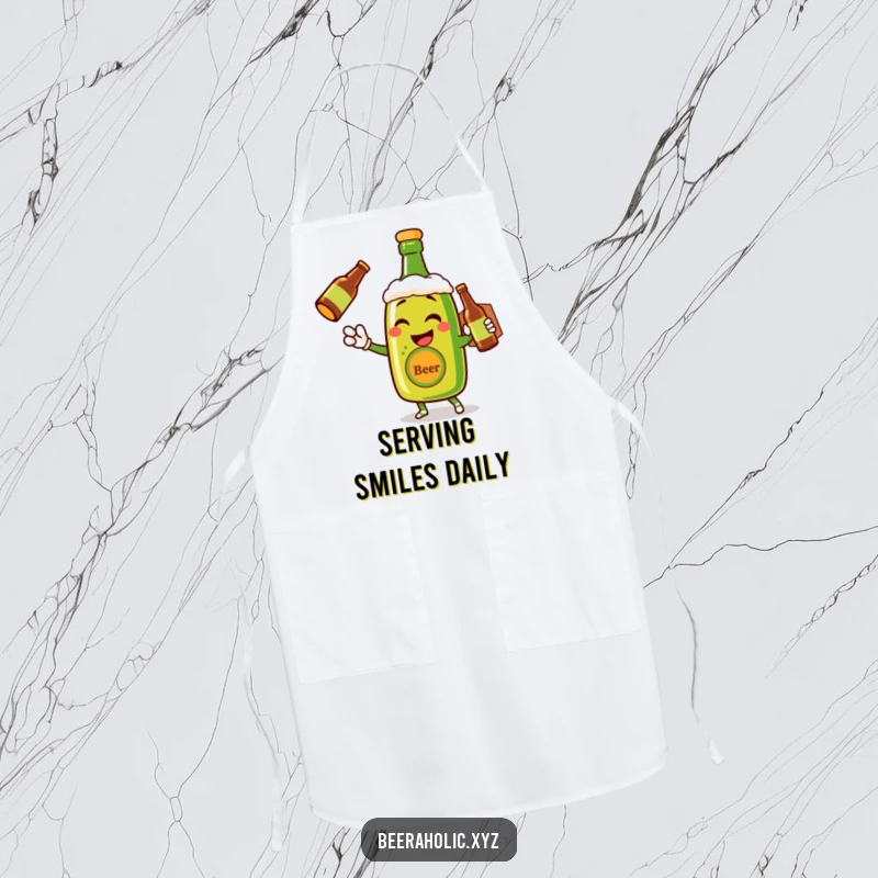 Funny apron with a winking anthropomorphic beer bottle making a cheerful delivery, ideal for home chefs.