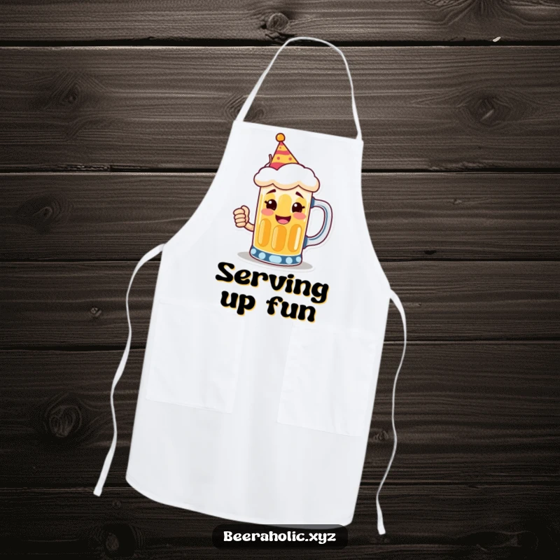 Funny apron featuring a smiling anthropomorphic beer mug wearing a tiny party hat, toasting, ready for party hosting.