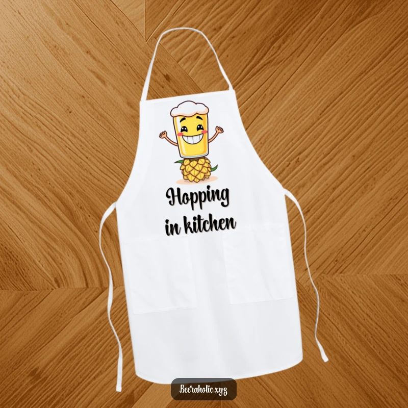 Funny apron with a grinning anthropomorphic beer glass balancing on a hop cone, ideal for brewers.