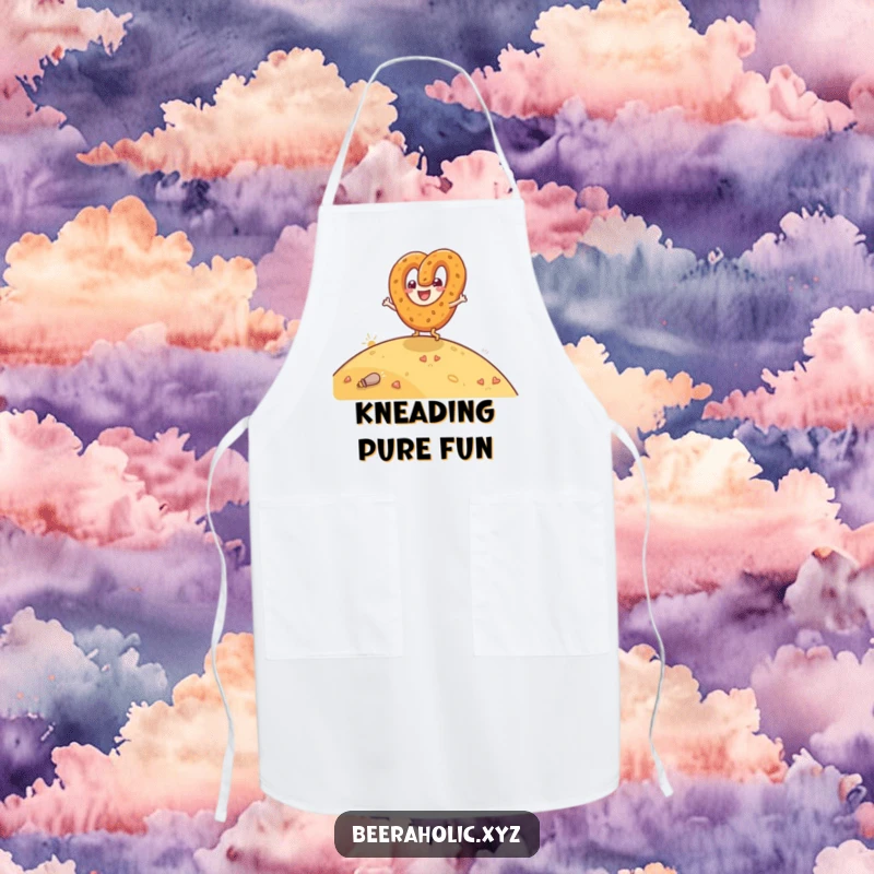Funny apron with a happy anthropomorphic pretzel rolling down a hill with glee, ideal for bakers.