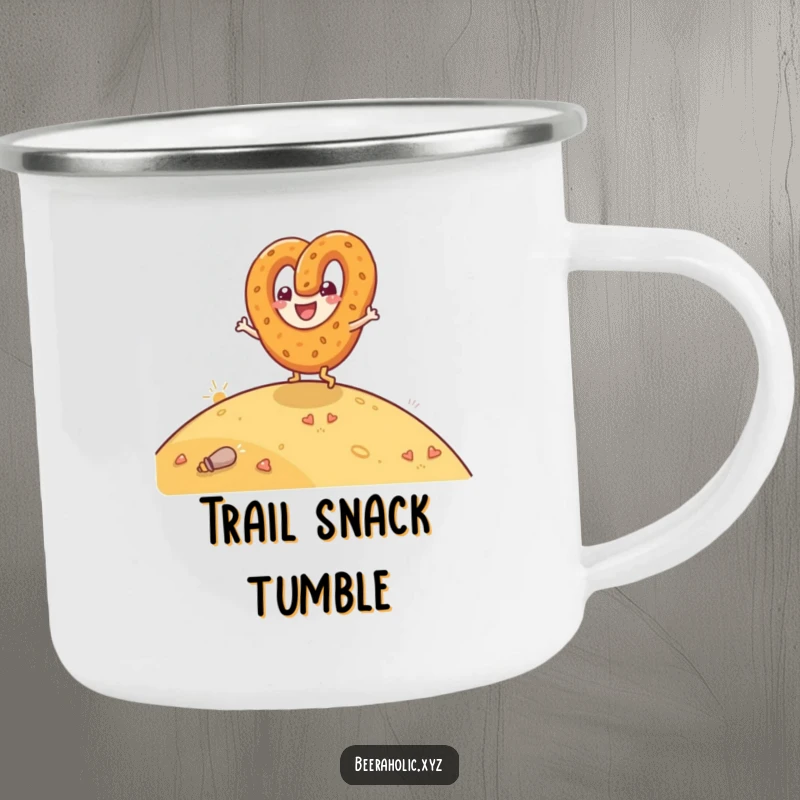 Funny camping mug with a happy anthropomorphic pretzel rolling downhill with glee, perfect for outdoor use.