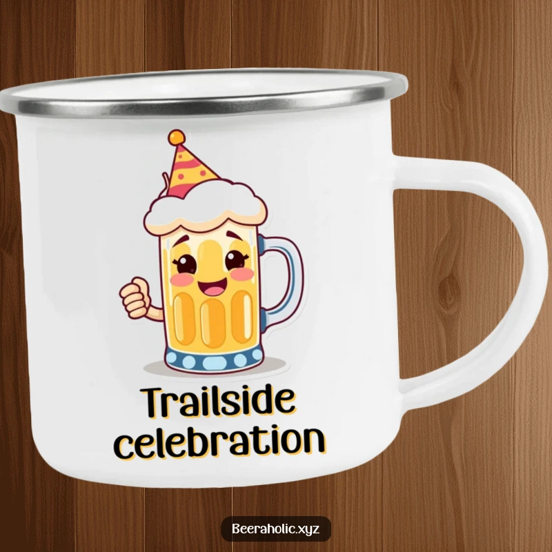 Funny camping mug with a smiling anthropomorphic beer mug wearing a tiny party hat, toasting, built for outdoor celebrations.