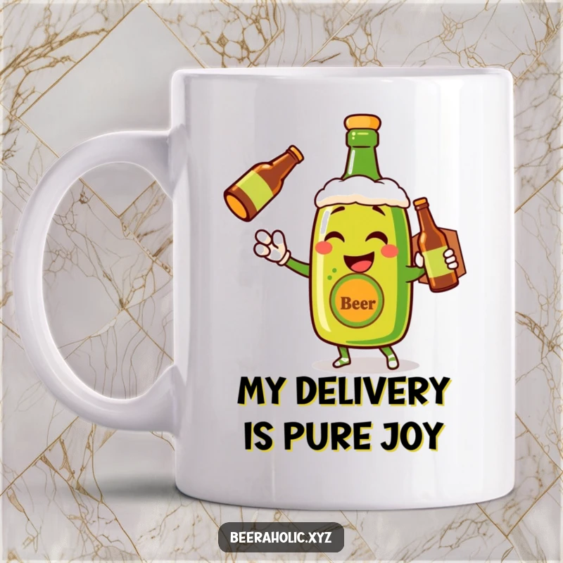 Funny beer mug with a winking anthropomorphic bottle cheerfully delivering a drink, perfect for beer lovers.