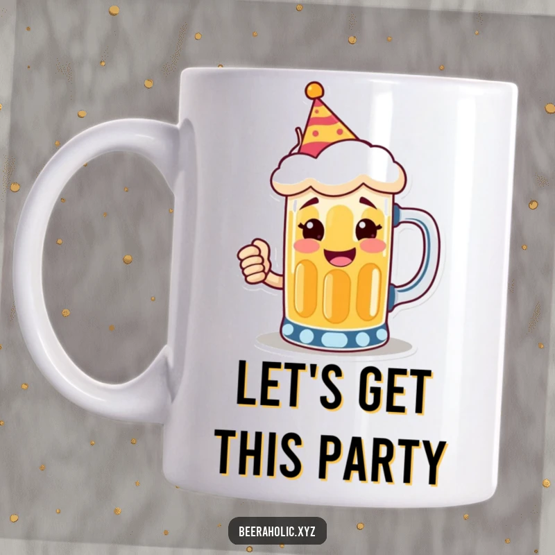 Funny mug shaped like a smiling anthropomorphic beer mug wearing a tiny party hat, toasting with a cheerful expression.