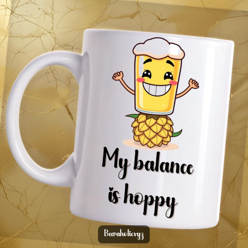 Funny mug featuring a grinning anthropomorphic beer glass humorously balanced on a hop cone.