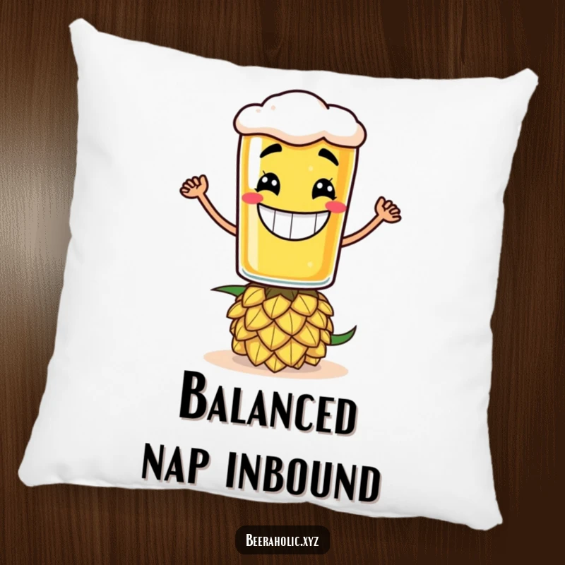 Funny pillow with a grinning anthropomorphic beer glass balancing on a hop cone, soft and decorative.