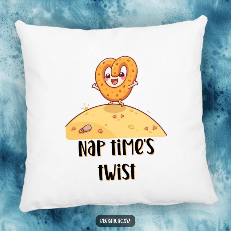 Funny pillow with a happy anthropomorphic pretzel rolling downhill with glee, soft and decorative.