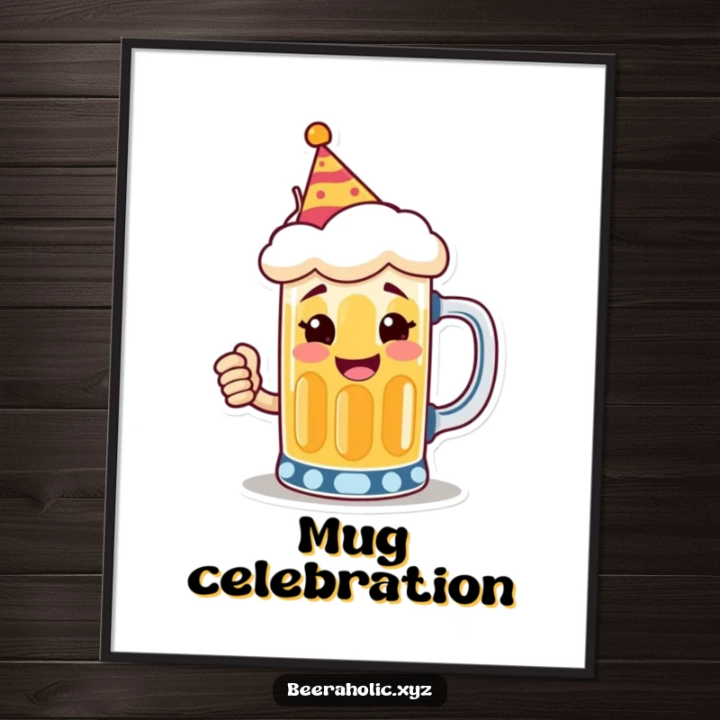Funny digital art print of a smiling anthropomorphic beer mug wearing a tiny party hat, toasting, ideal for festive decor.