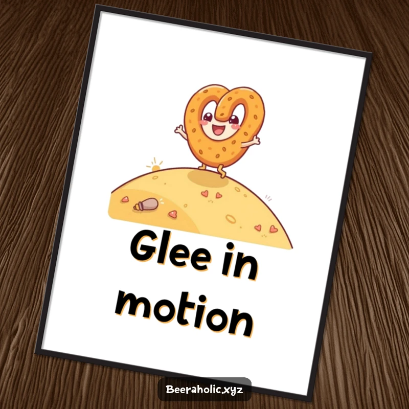 Funny digital art print of a happy anthropomorphic pretzel gleefully rolling down a hill, instantly printable.
