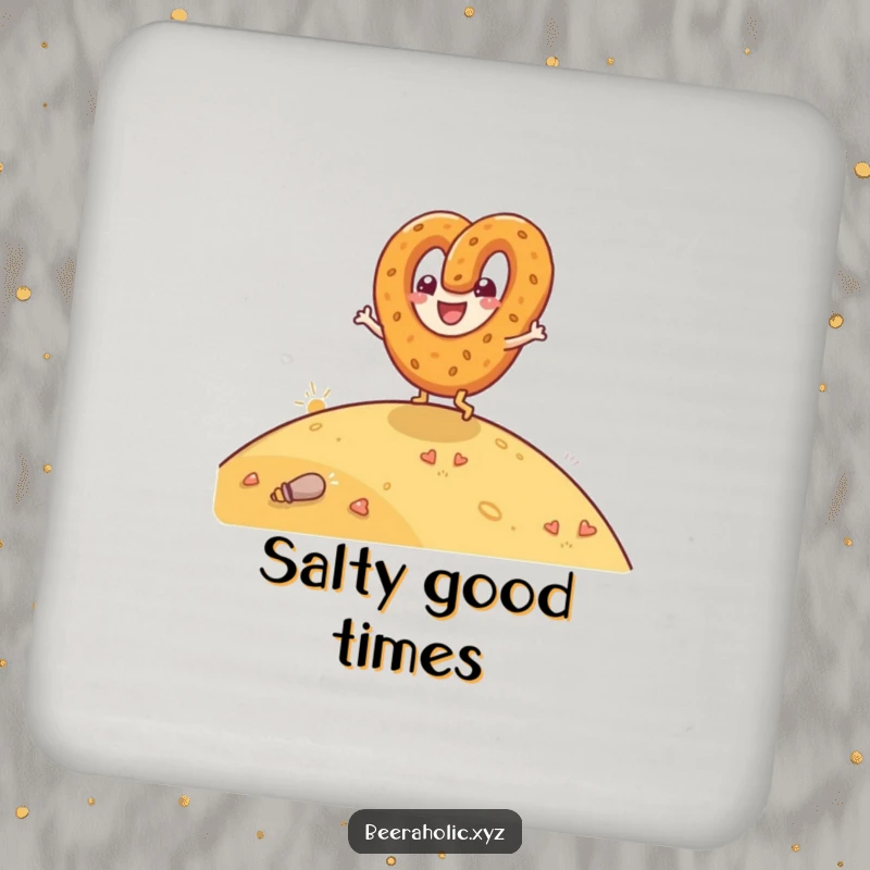Funny drink coaster with a happy anthropomorphic pretzel rolling down a hill with glee.