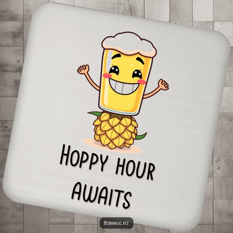 Funny drink coaster with a grinning anthropomorphic beer glass balancing on a hop cone, protecting surfaces.