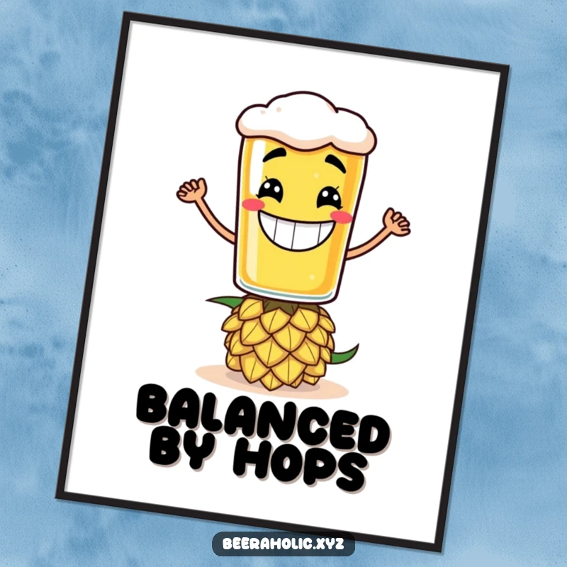 Funny poster of a grinning anthropomorphic beer glass balancing perfectly on a hop cone, humorous wall art.