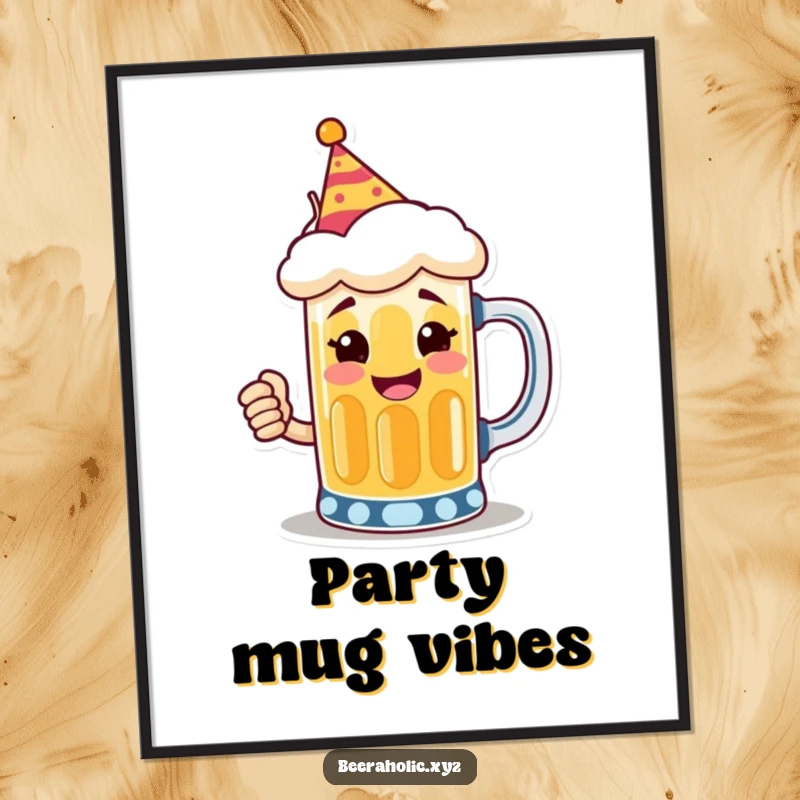 Funny poster featuring a smiling anthropomorphic beer mug wearing a tiny party hat, toasting with a festive and happy vibe.