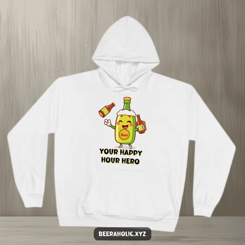 Funny hoodie featuring a winking anthropomorphic beer bottle making a cheerful delivery, perfect for cozy nights.