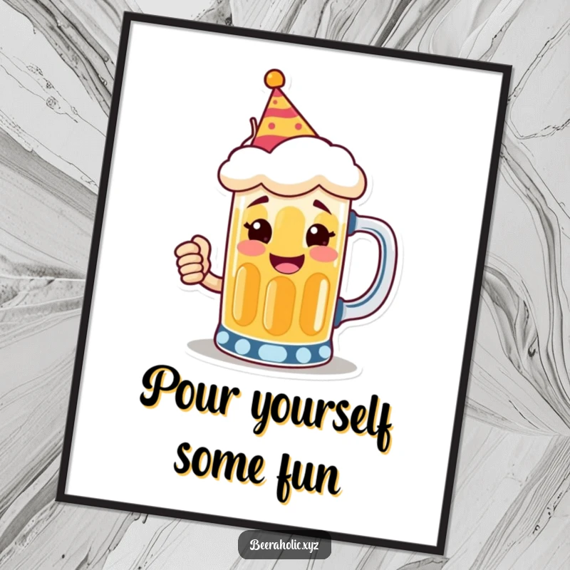 Funny Free Printable Wall Art: A smiling beer mug wearing a tiny party hat, gleefully toasting a festive occasion.