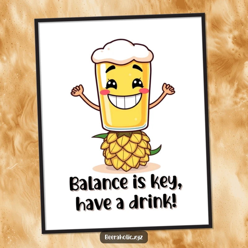 Funny Free Printable Wall Art: Anthropomorphic beer glass character with a large grin balances on a hop cone, adding a humorous touch.