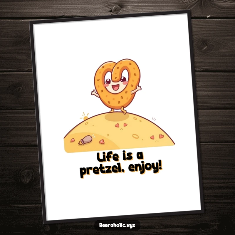 Funny Free Printable Wall Art: Anthropomorphic pretzel character joyfully rolling down a hill, bringing a sense of playful fun.