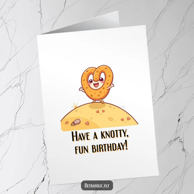 Happy Free Printable Birthday Card: A joyful anthropomorphic pretzel character gleefully rolls down a hill, celebrating a birthday with pure delight.