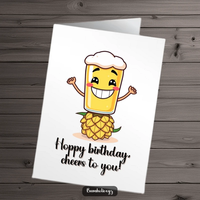 Funny Free Printable Birthday Card: Beer glass character with a large grin balances on a hop cone, celebrating a birthday with humor.