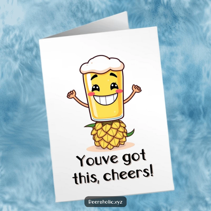 Free Printable Congratulations Card: A beer glass character with a big grin balances on a hop cone, celebrating achievements with a happy vibe.