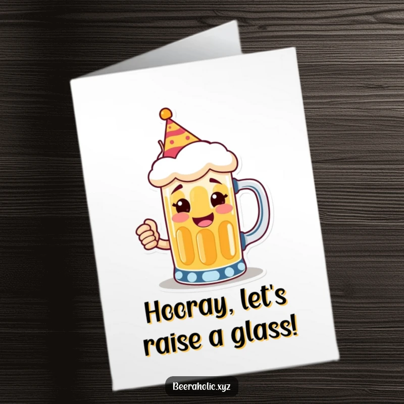 Free Printable Congratulations Card: A smiling beer mug in a party hat raises a toast to celebrate achievements.