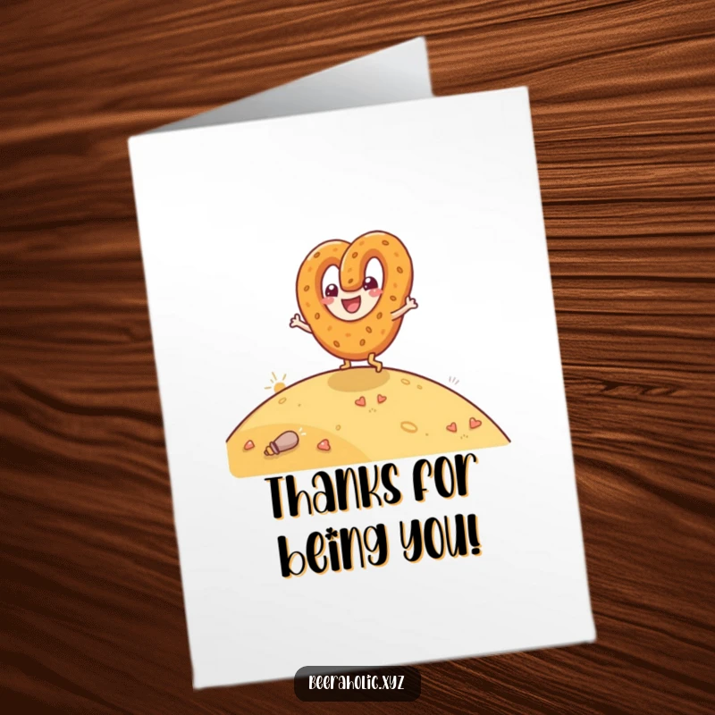 Funny Free Printable Thank You Card: An anthropomorphic pretzel character happily rolls down a hill, expressing thanks with a bundle of joy.