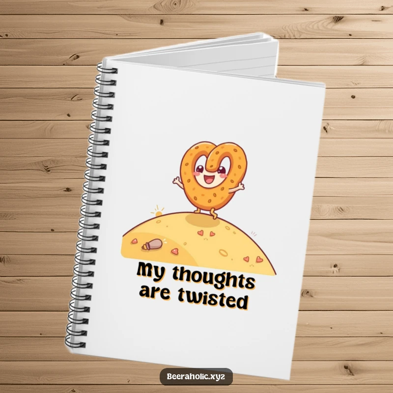 Funny notebook featuring a happy anthropomorphic pretzel rolling down a hill with glee, great for notes.