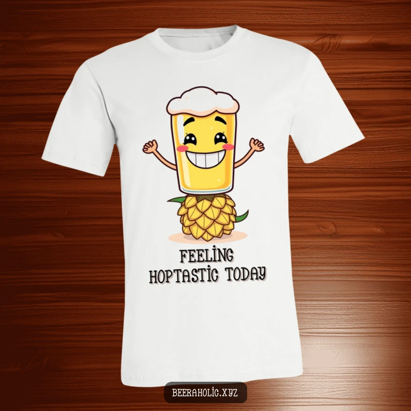 Funny t-shirt with a grinning anthropomorphic beer glass balanced on a hop cone, great for pub lovers.