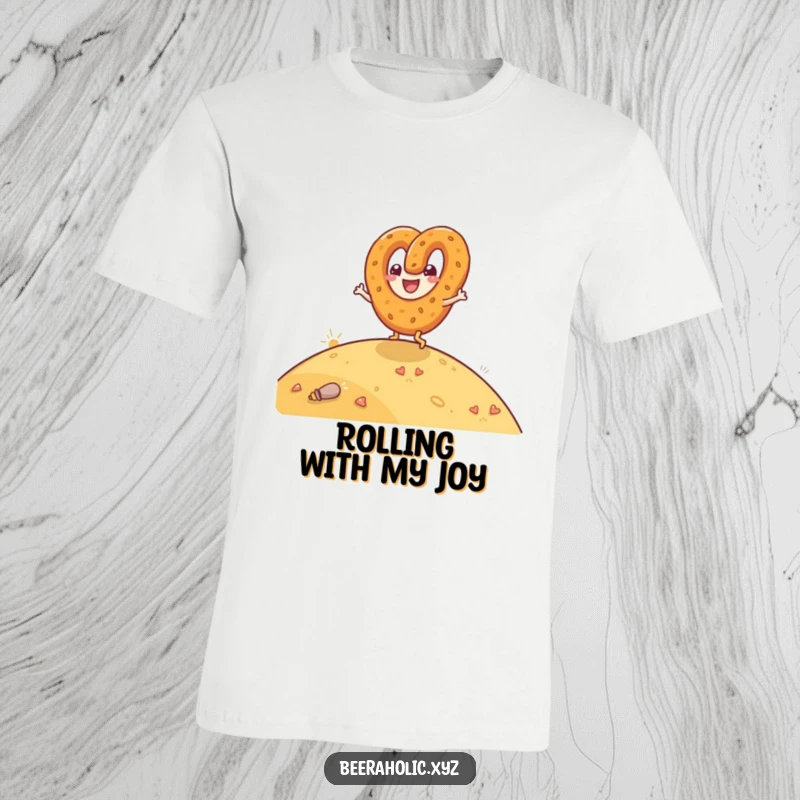 Funny t-shirt depicting a happy anthropomorphic pretzel gleefully rolling down a hill, great for snack lovers.