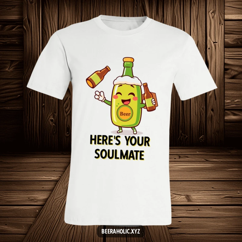 Funny t-shirt with a winking anthropomorphic beer bottle in the act of delivery, ideal for party lovers.
