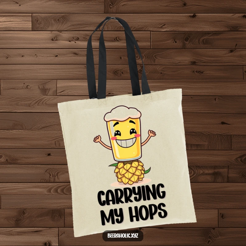Funny tote bag with a grinning anthropomorphic beer glass balancing on a hop cone, ideal for beer runs.