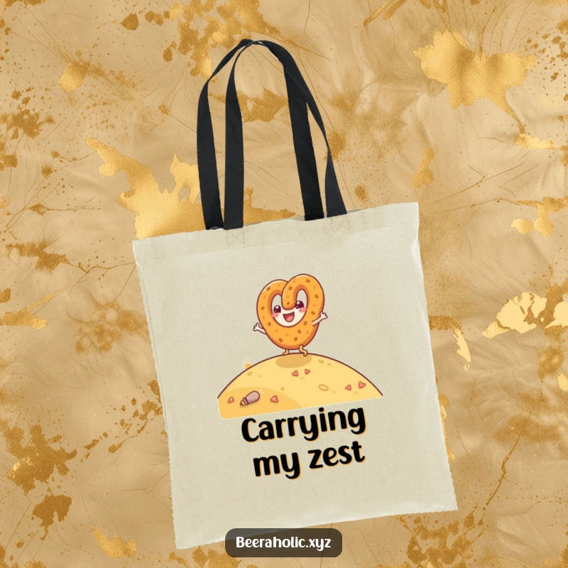 Funny tote bag with a happy anthropomorphic pretzel rolling down a hill, perfect for shopping trips.